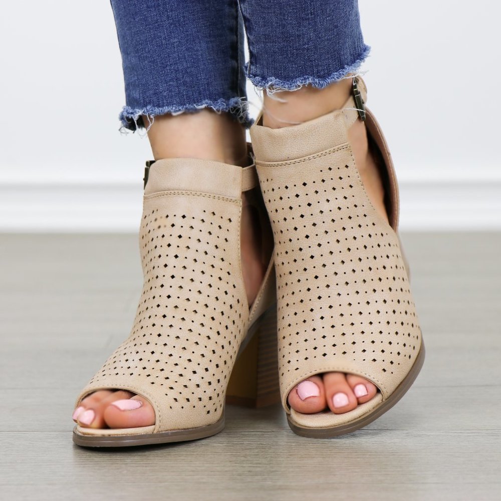 Peep Toe Taupe Faux Leather Heeled Ankle Boots - Picture 7 of 8